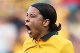 Sam Kerr celebrates a goal for the Matildas against Spain.