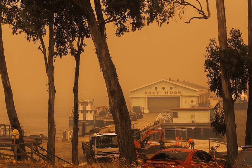 Bushfire smoke haze at Port Huon, southern Tasmania, January 2019.