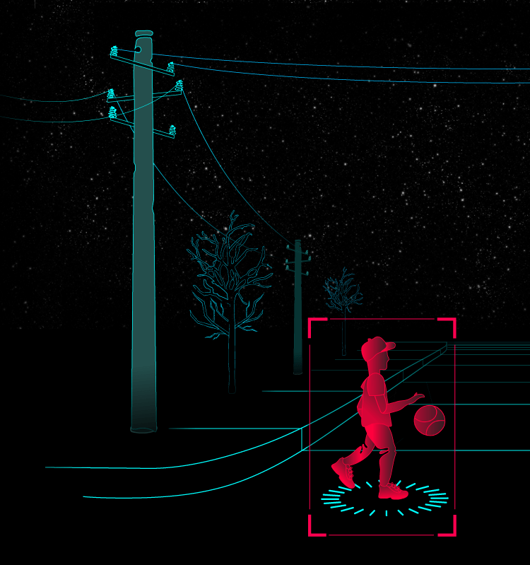 An illustration shows a child walking across a road bouncing a ball, and a dog in the background.