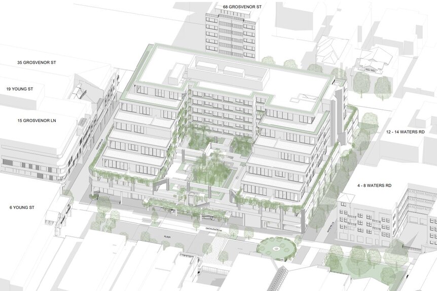 A greyscale sketch of a multi-storey retail and residential building with green elements scattered throughout.