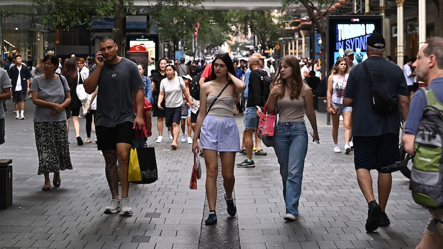 Shoppers walk down an outdoor mall.