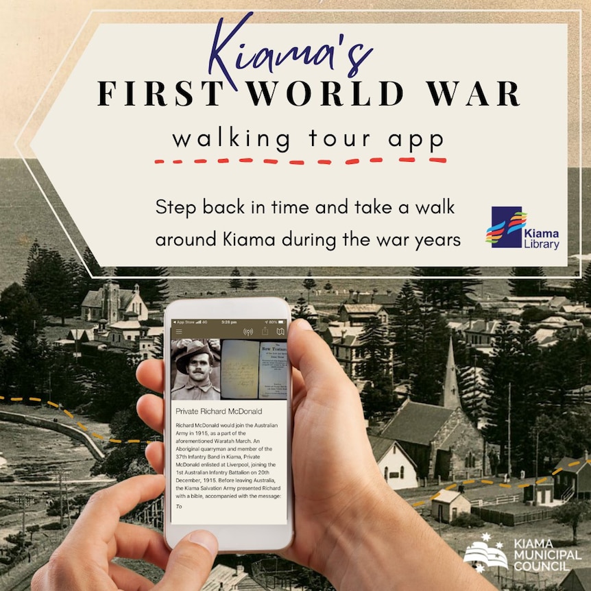Hands holding a smartphone showing Kiama's First World War walking app. 