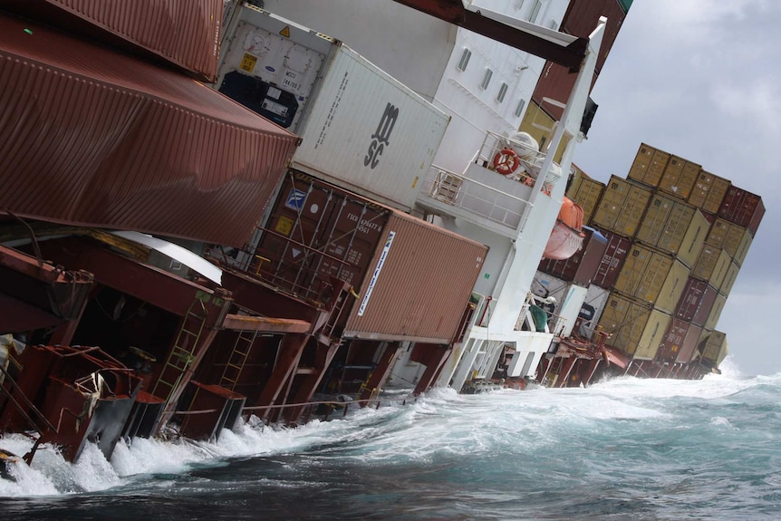 The stricken container ship  Rena sinking off the New Zealand coast.