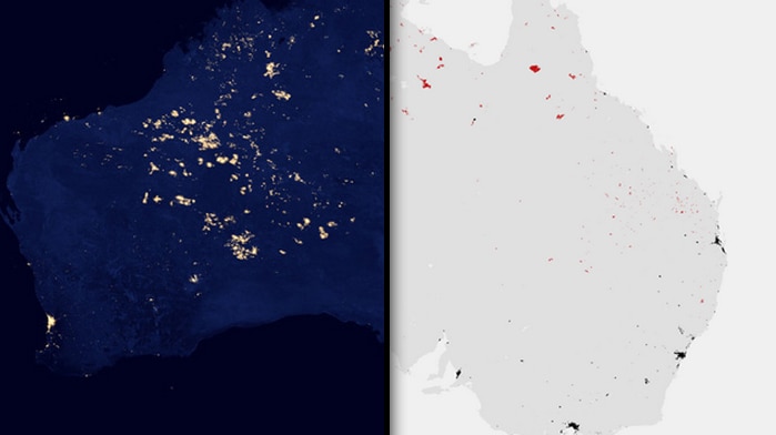 A composite image of Australia at night, and map of fire scars.
