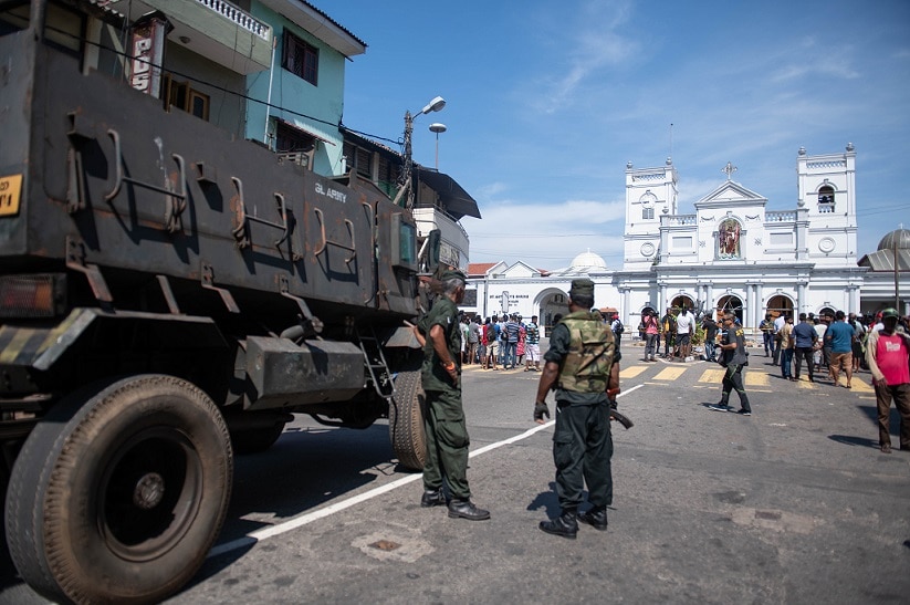 Security officers stand in front of St Anthony's shrine in Colombo, Sri Lanka.