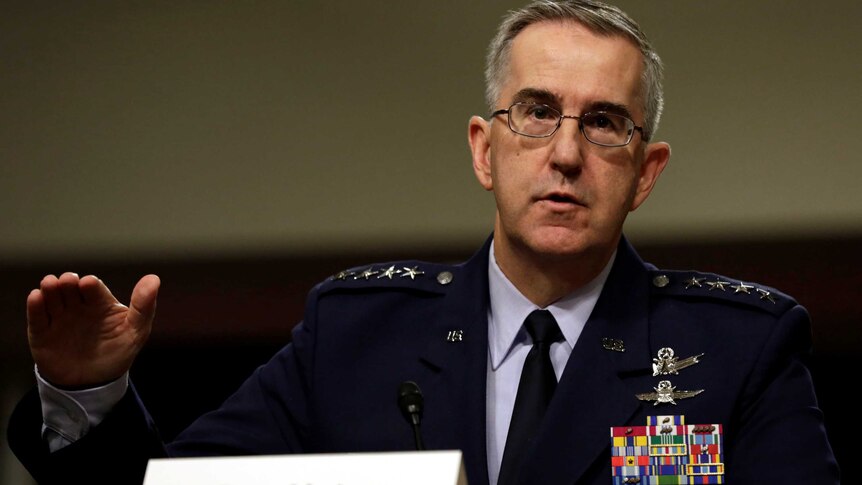 US Air Force General John Hyten testifies in a Senate Armed Services Committee.