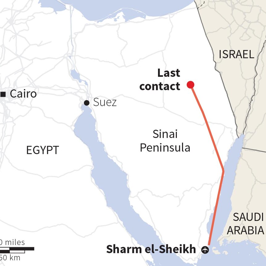 Map of the Sinai Peninsula in Egypt showing flight path of the Russian Metrojet Airbus A321 before it crashed.