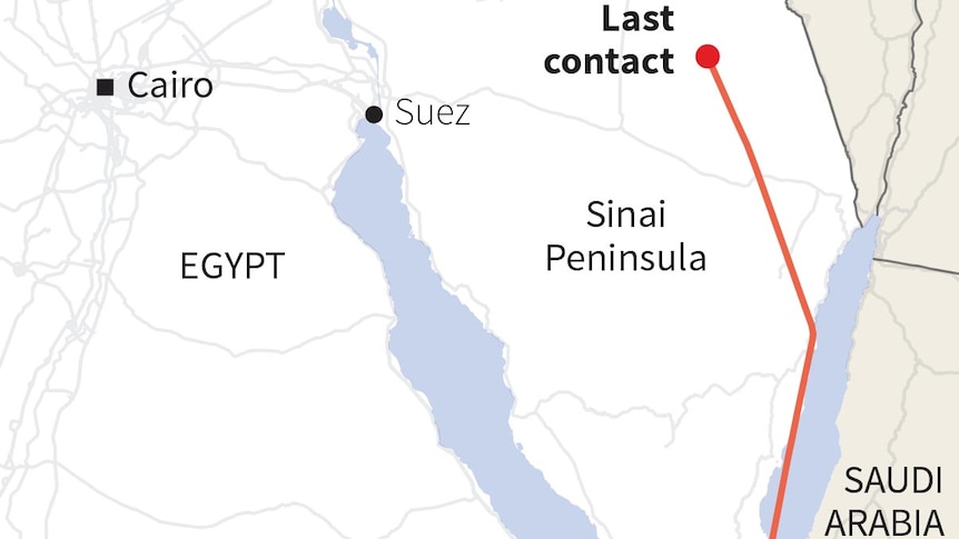 Map of the Sinai Peninsula in Egypt showing flight path of the Russian Metrojet Airbus A321 before it crashed.