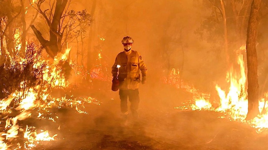 A firefighter in the middle of a blaze faces the camera