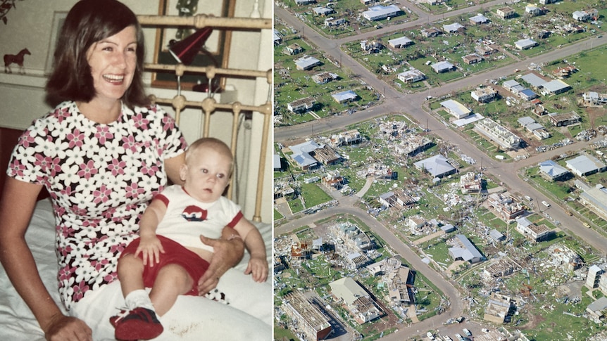 Woman sits on a bed a smiles with a baby on her lap. Aerial image of destroyed homes and lawns strewn with debris