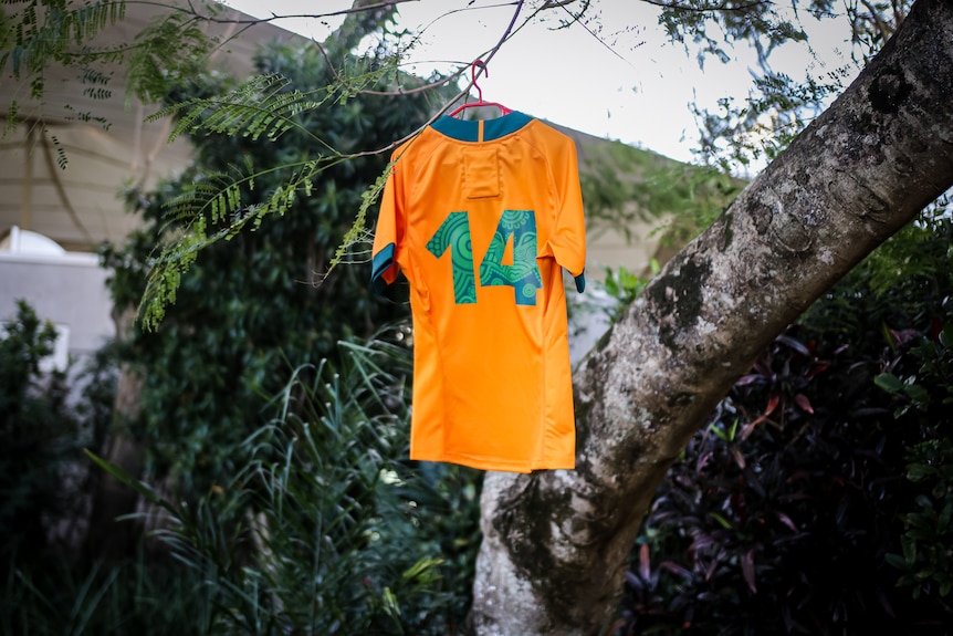 First Nations designed rugby union jersey hanging in a tree