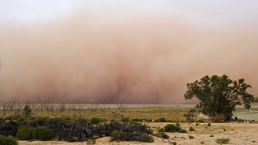 A dust storm fills the sky with red dust over a dry landscape.