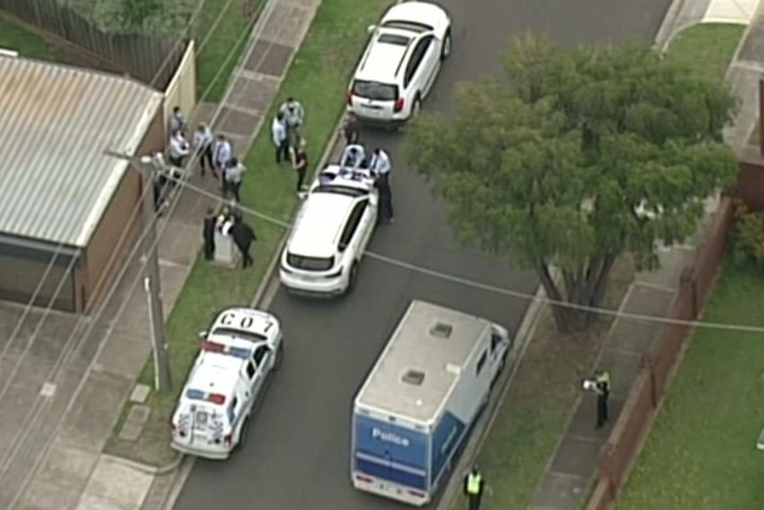 Several police officers stand around a police car and police van in a suburban street, viewed from a helicopter.