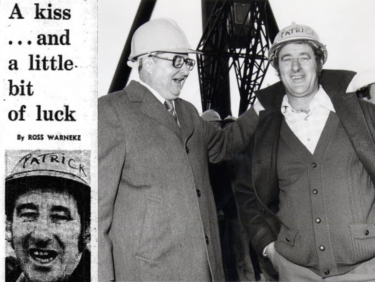 A composite image of a newspaper article, and an image showing Paddy Hanaphy in a hard hat being congratulated by another man.