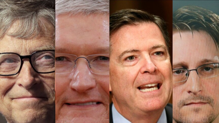 (L to R), Bill Gates, Tim Cook, James Comey, Edward Snowden