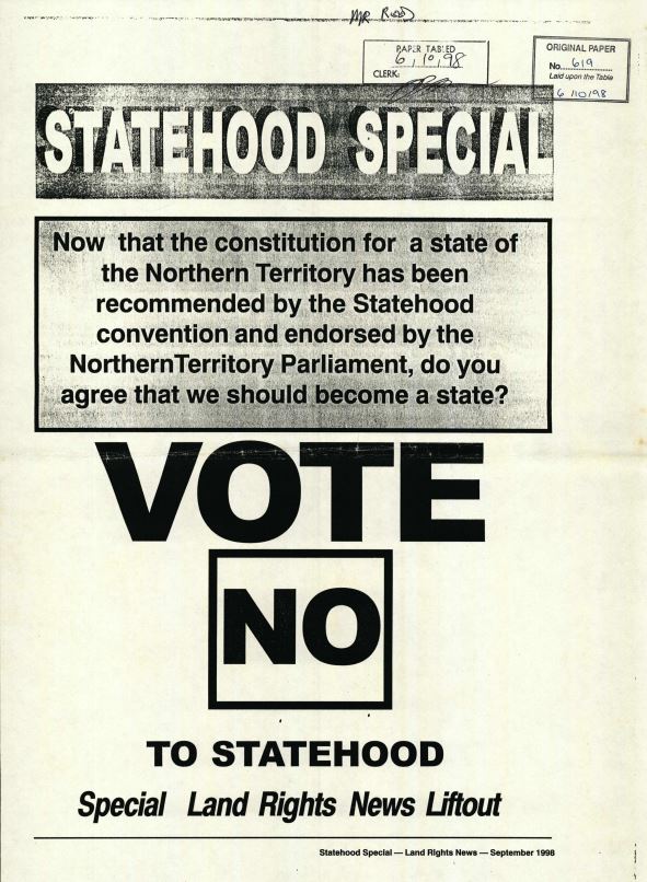 A poster with 'VOTE NO' as the largest words, surrounded by text laying out the referendum question.