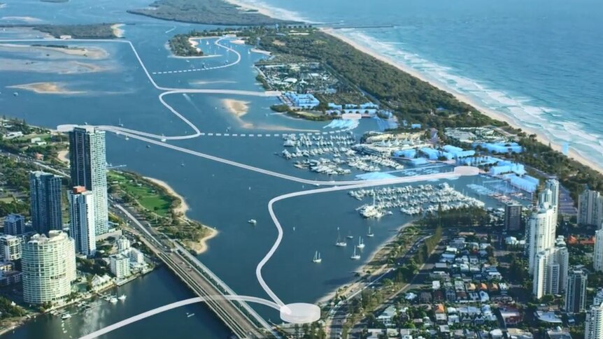 Aerial of the Gold Coast Spit as seen from above the Southport Bridge