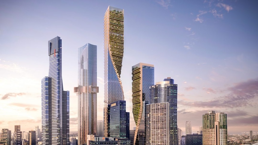 An artist's impression of a new building with a "twisted" design rises above all the others in Melbourne's CBD.