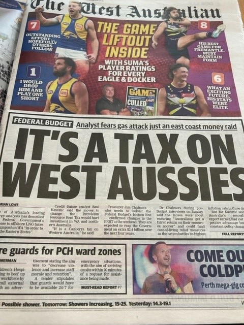 The front page of the West Australian newspaper featuring the headline "IT'S A TAX ON WEST AUSSIES".