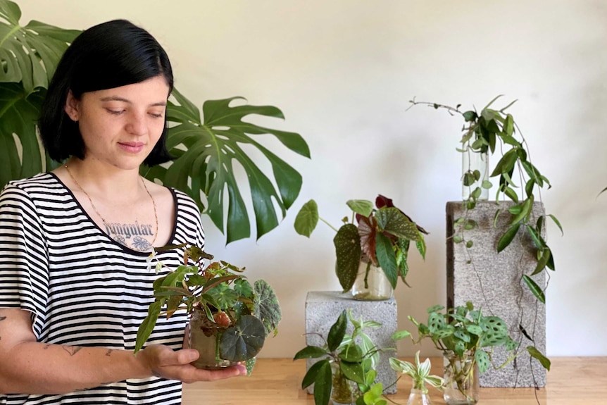 A woman holds a jar of plant cuttings in water, with more varieties beside her, cheap gifts for indoor plant enthusiasts.