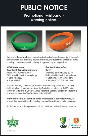 Public notice about a green and an orange wristband with Stars and Alinta Energy on them.