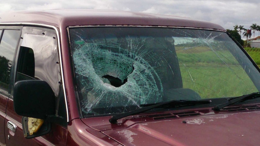 Shattered windscreen of Mackay man's car.