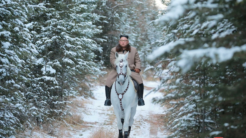 Kim Jong Un riding on white horse among green trees in the snow.