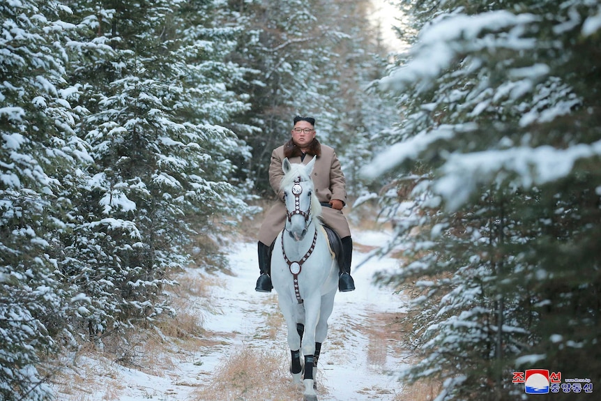 Kim Jong-un riding on white horse among green trees in the snow.