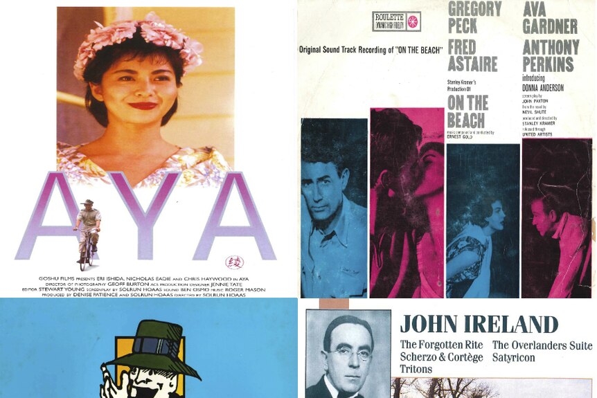 Album covers from the film Aya, On the beach, The adventures of Barry McKenzie and an album by John Ireland