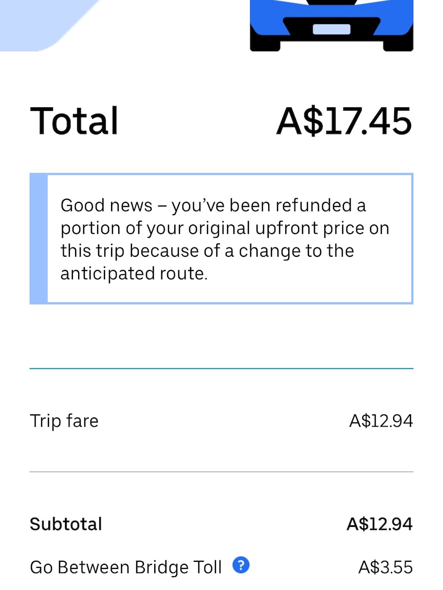 Uber receipt showing Go Between Bridge fee while bridge toll had been relaxed