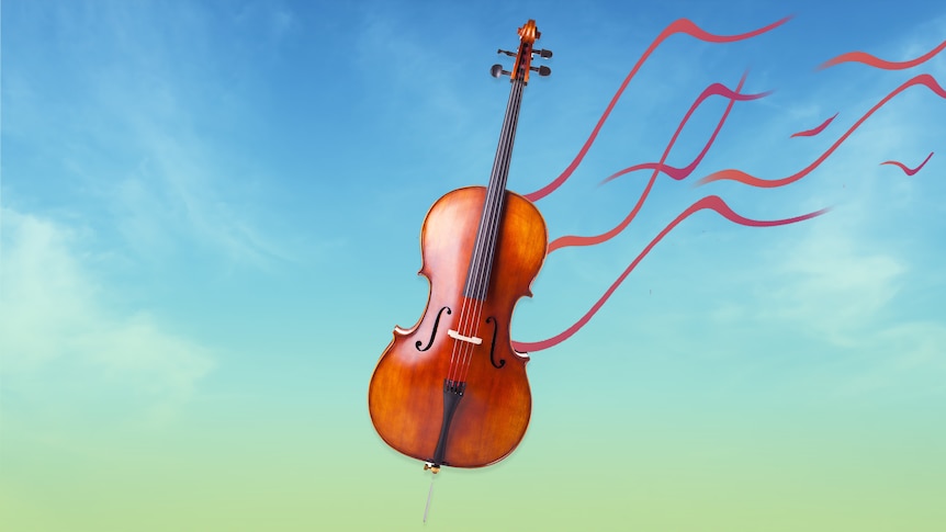 A cello floating against a blue sky.