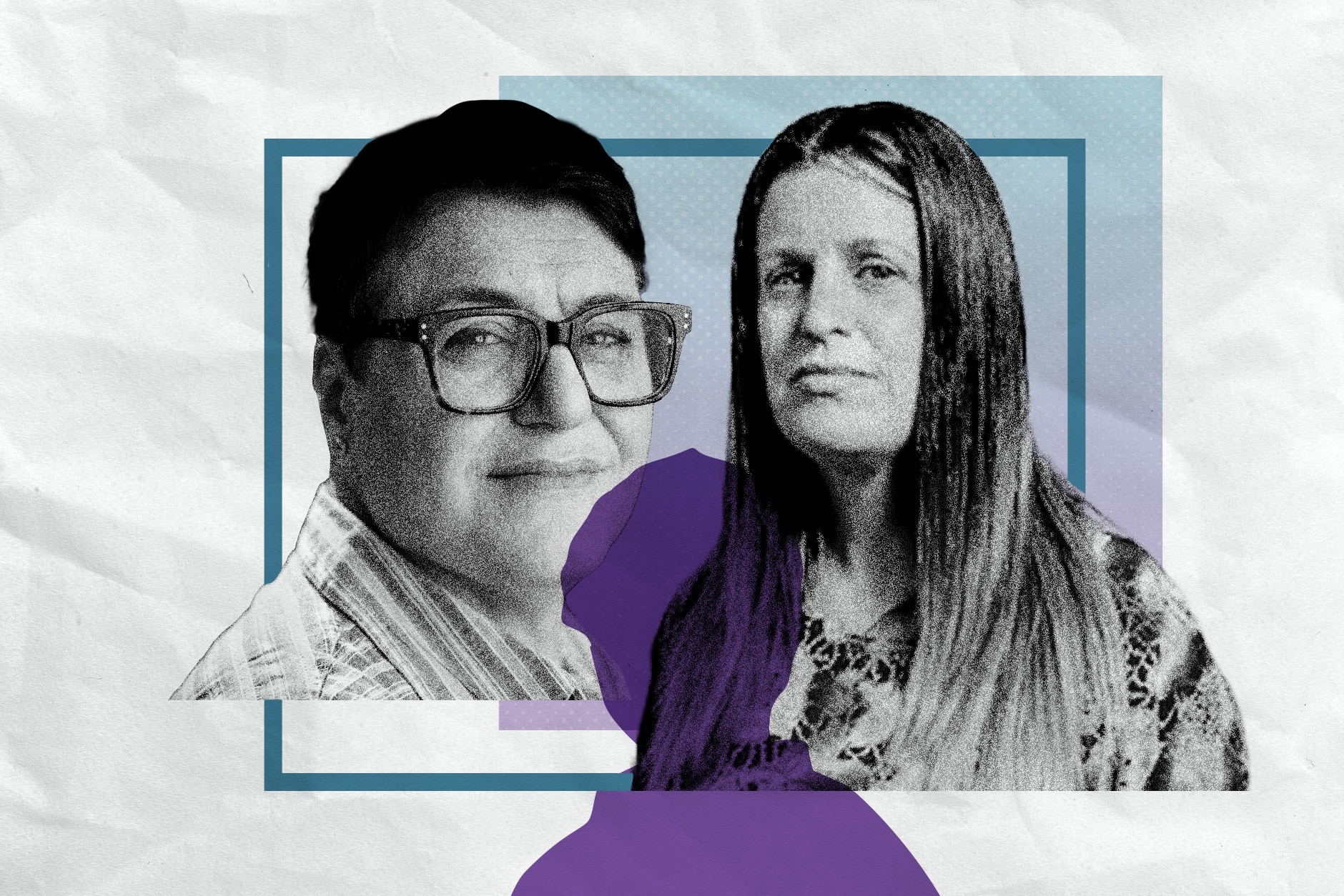 A black and white collage of two women - one with short hair and one with long hair - looking at the camera