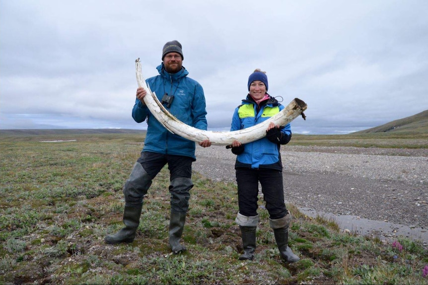 A man and a woman holding a giant white tusk