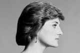 A black and white side portrait of Princess Diana. 