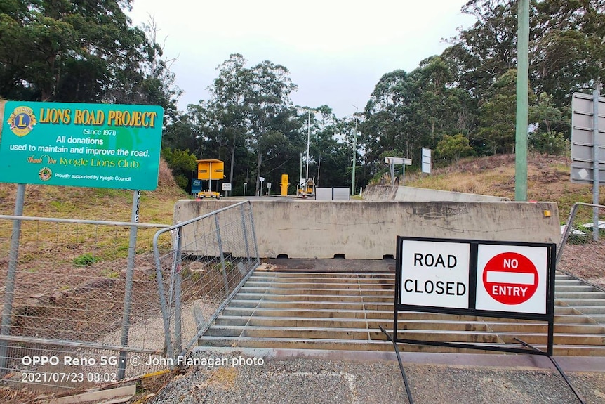 A road closed sign and barricade on the Lions Road in the Kyogle Shire