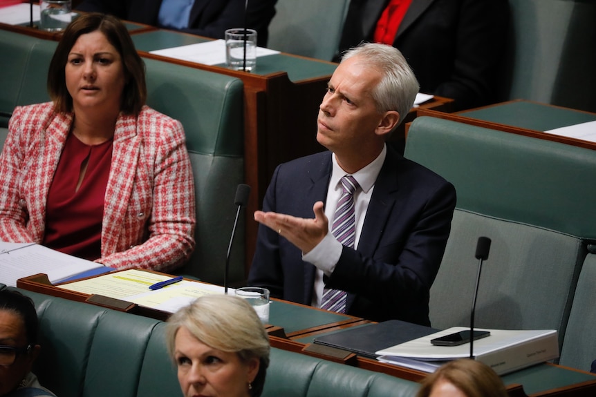 Giles gestures with one hand and looks confused, sitting in the lower house.