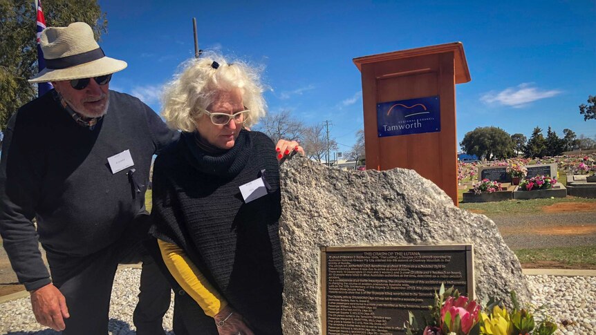 Peg and Richard Higginbotham at memorial stone