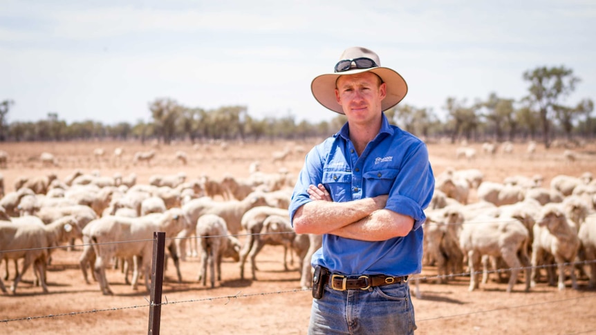 Young grazier Jesse Moody stands in next to paddock full of sheep.