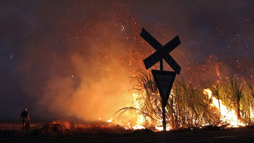 A cane farmer patrols a fire in sugar cane fields near Mena Creek in far north Queensland