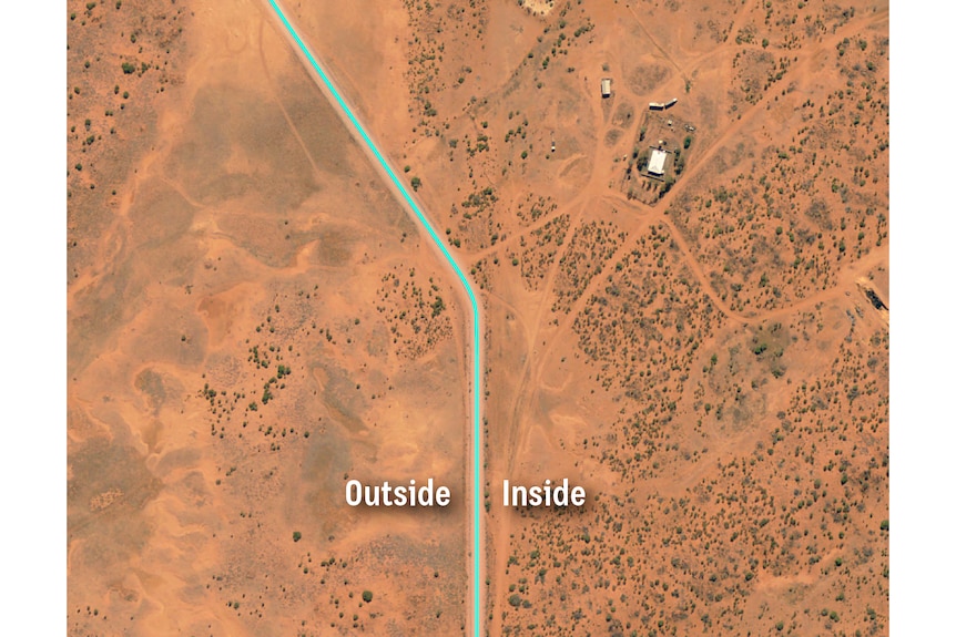 Aerial view of satellite image of dingo fence and arid landscape on South Australia and New South Wales border