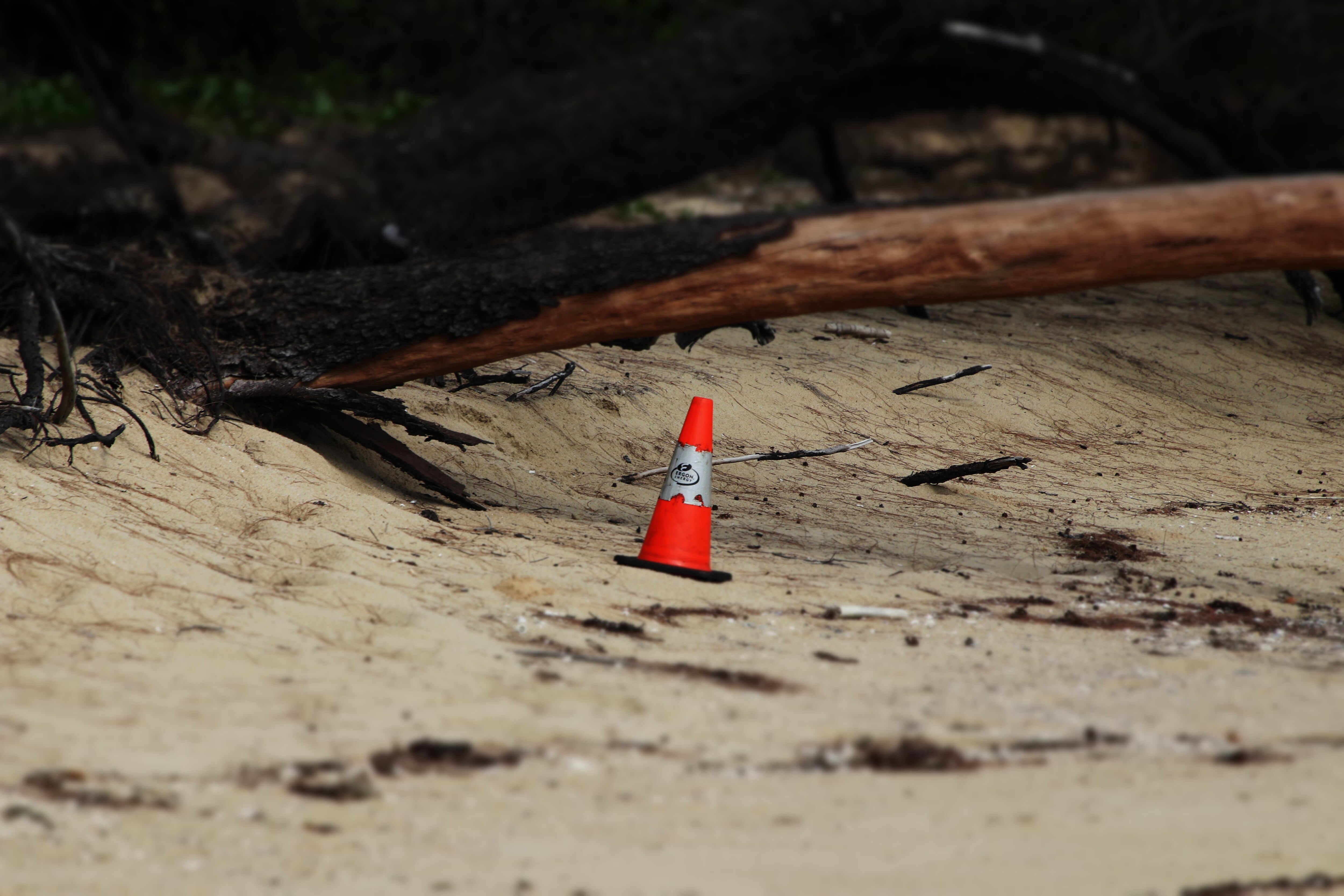 Traffic cone on a beach.