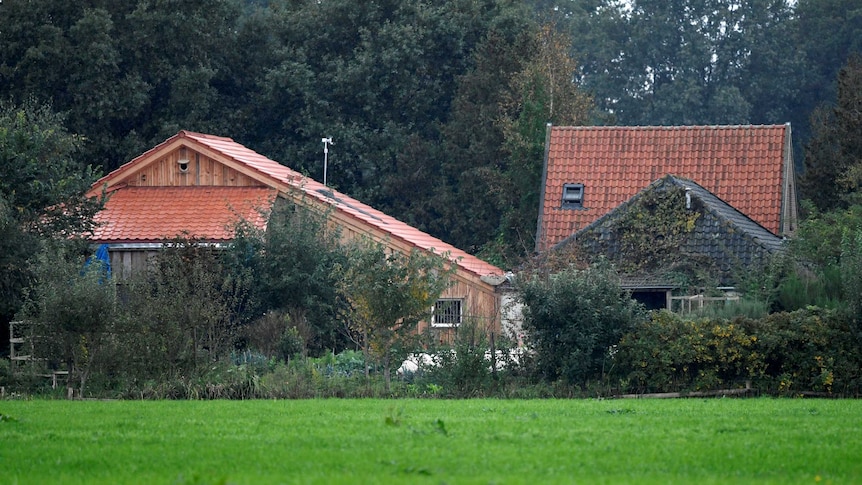 Several farmhouses with pitched roofs are seen, obscured by trees. Green field in foreground