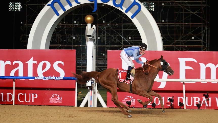 Jockey William Buick celebrates riding Prince Bishop to victory in the 2015 Dubai World Cup.