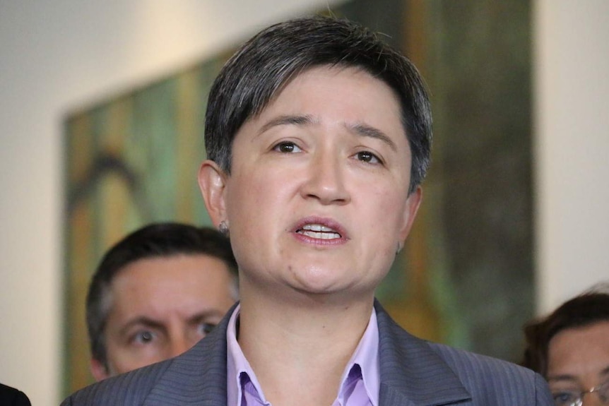 Penny Wong speaks to reporters