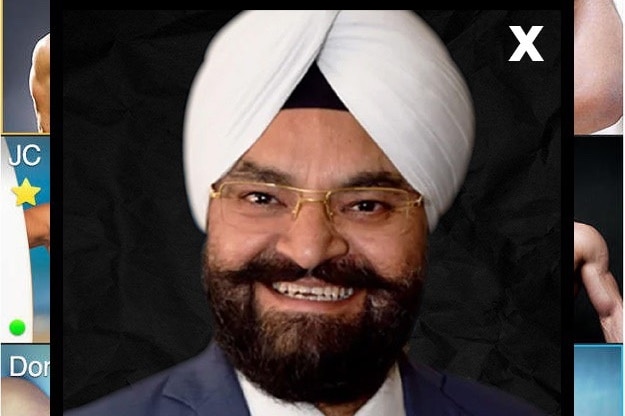 A screenshot of the app Grindr shows a photo of Gurpal Singh with a headline about him linking same-sex marriage to paedophilia.