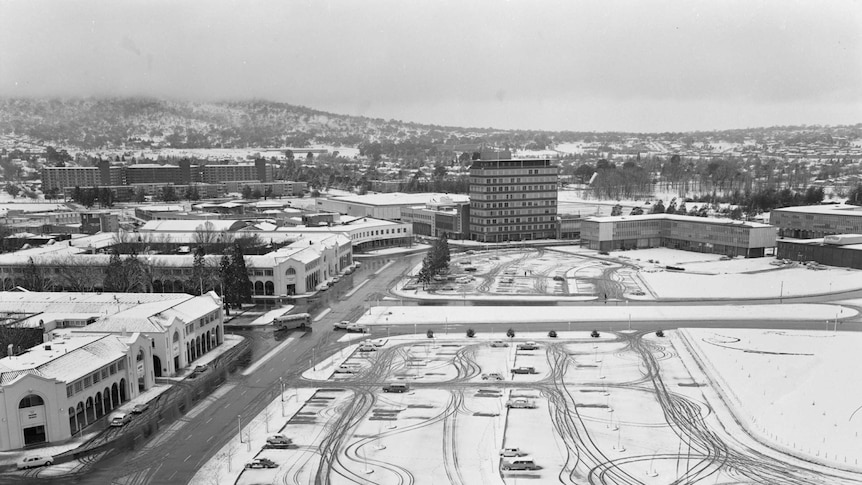 Black and white photo of Canberra in the snow in 1965.