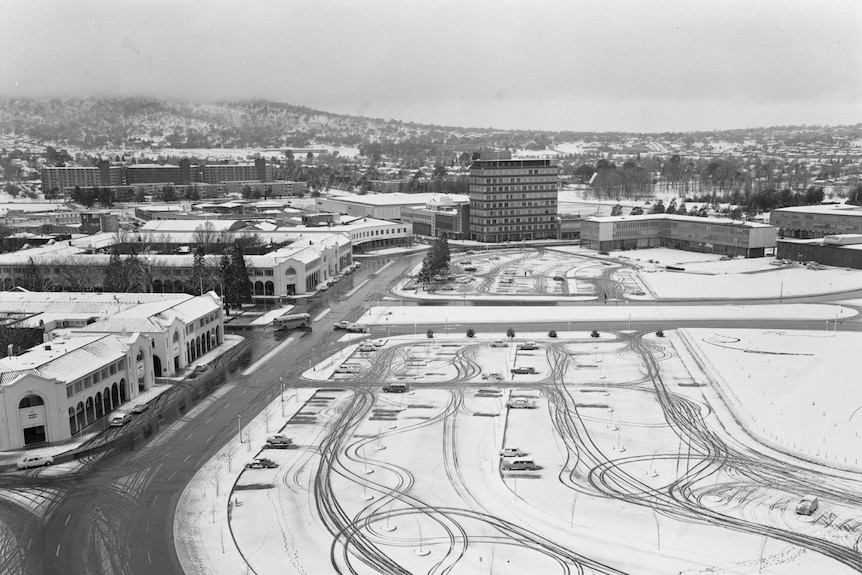 Black and white photo of Canberra in the snow in 1965.