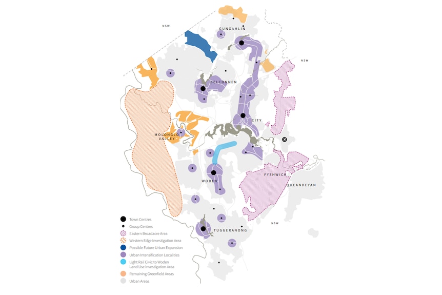 A map showing the layout and density of population in Canberra.