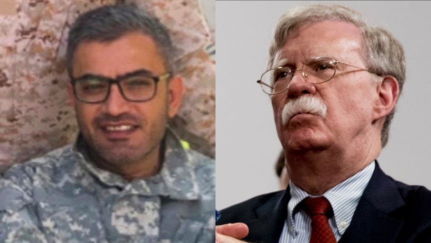 A composite image shows Shahram Poursafi dressed in military uniform alongside John Bolton.