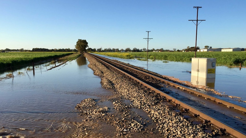 The Adelaide-Darwin railway line is surrounded by water during the floods.